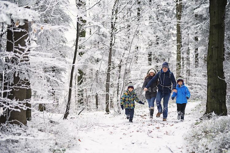 Father with kids running in beautiful winter forest