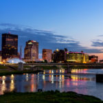 RiverScape view of Dayton, Ohio’s skyline with new, exclusive Water Street Apartments along the Great Miami River