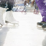 Closeup skating shoes ice skating outdoor at ice rink