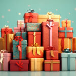 Celebrate in style with our vibrant banner featuring a multitude of gift boxes adorned with velvet ribbons and paper decorations. Perfect for Christmas or birthdays, colorful background,