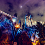 OSAKA, JAPAN – AUGUST 12, 2018: Night view of Hogwarts Castle. The Wizarding World of Harry Potter in Universal Studios Japan. Universal Studios Japan is a fun and famous theme park in Japan.