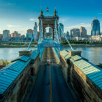 Panoramic view of Cincinnati downtown with the historic Roebling suspension bridge over the Ohio river