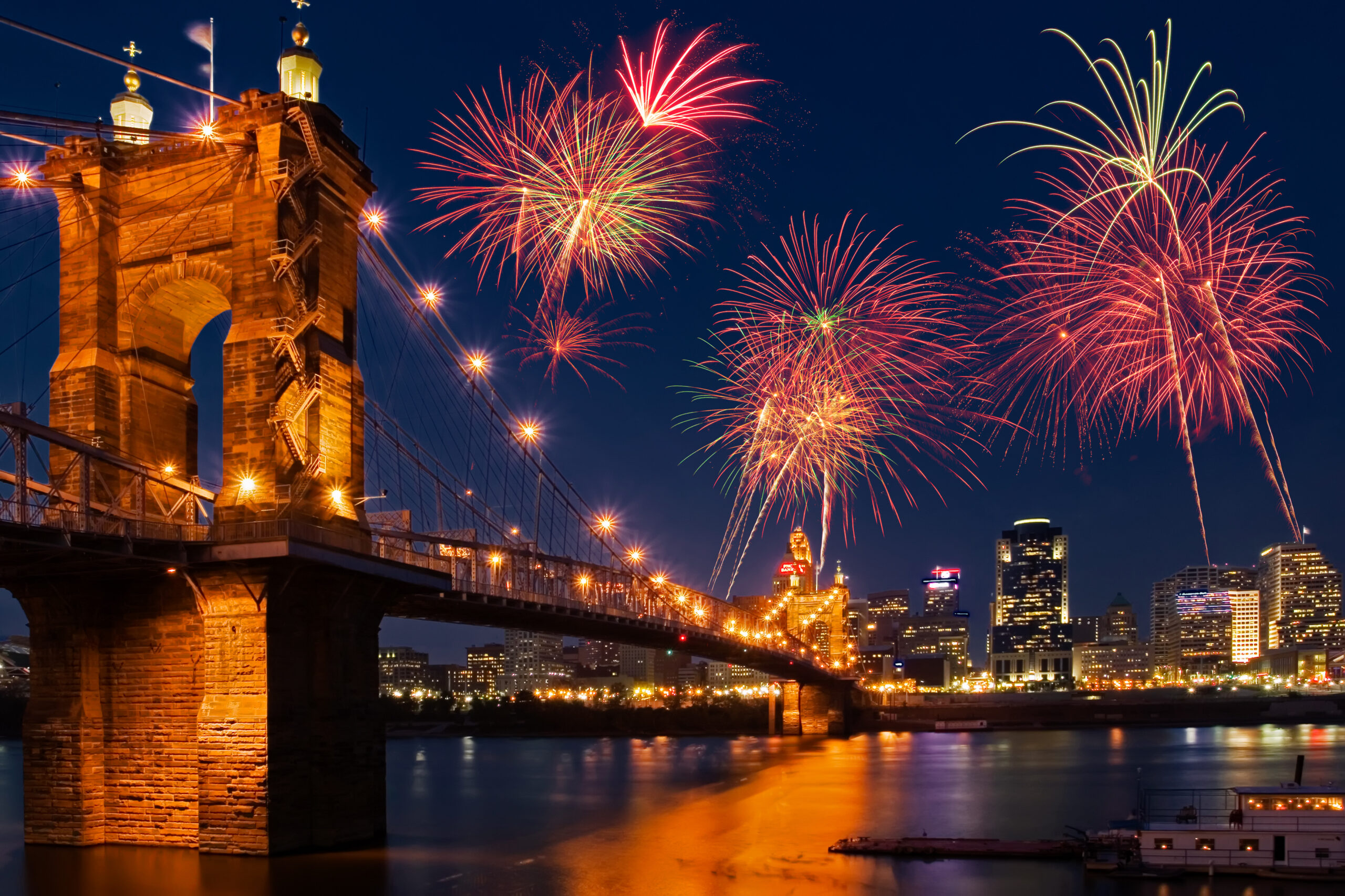 Fireworks sky of Cincinnati Ohio seen from Covington Kentucky