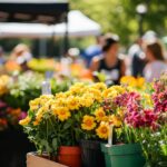 Outdoor Farmers Market with Yellow and Pink Flowers and Blurred People
