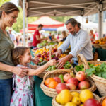 Woman and girl shopping at farmers market with fresh produce baskets