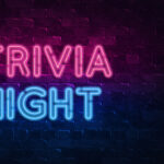 trivia night neon sign. purple and blue glow. neon text. Brick wall lit by neon lamps. Night lighting on the wall. 3d illustration. Trendy Design. light banner, bright advertisement