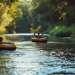 A pair of friends lazily drifting down a calm river on inner tubes, the only sound the gentle lapping of water against rubber