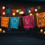 Vibrant papel picado, traditional Mexican folk art. Perfect for Dia de los Muertos, Hispanic Heritage Month, festive celebrations, cultural events, and colorful designs.