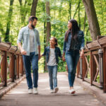 Young smiling interracial family holding hands and walking through the wooden bridge in forest