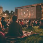 Outdoor movie night at a park with friends under twinkling lights