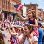 Joyful child on shoulders waves American flag at a patriotic Independence Day parade celebration