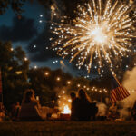 Friends at a 4th of July Holiday Backyard Party with American flags and fireworks