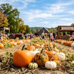 Autumn harvest festival with pumpkins and farm activities on a sunny day